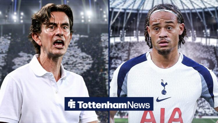 A split image as Tottenham manager Thomas Frank shouts instructions on the left of the image, as Spurs star Xavi Simons stands with his hands on hi...