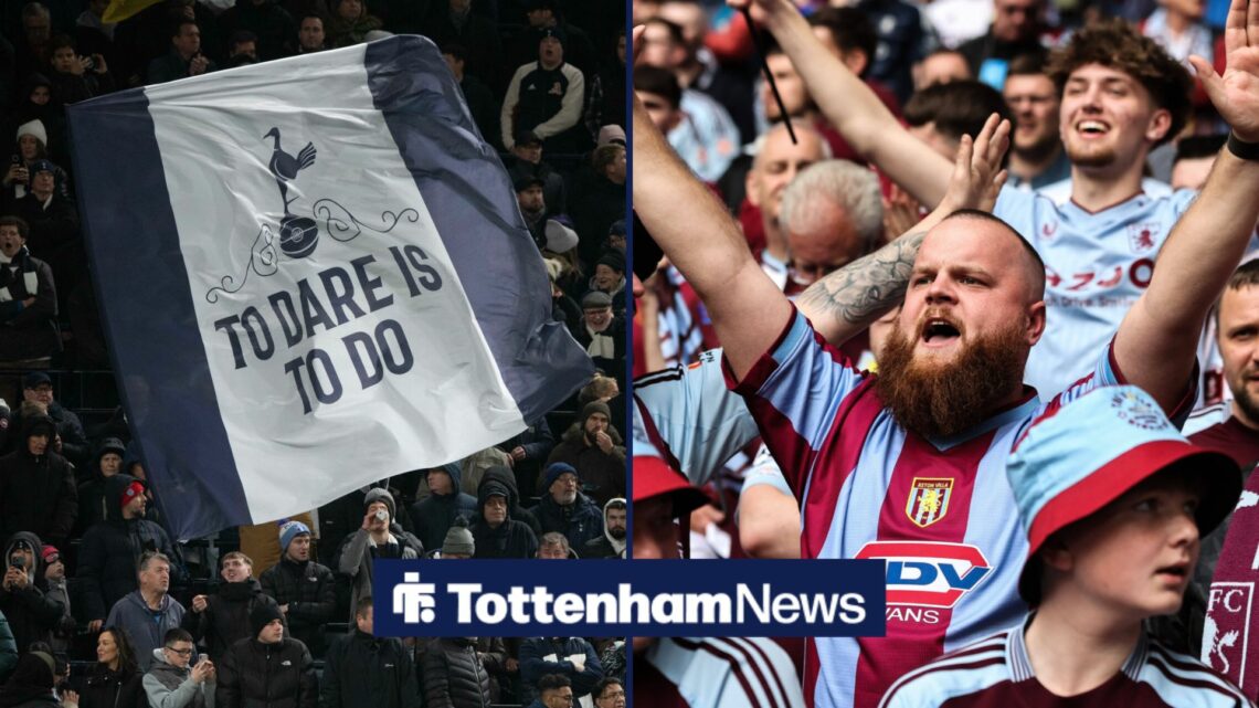 A split image as Tottenham fans wave a giant flag in the left half, while Aston Villa fans sing in the right half.