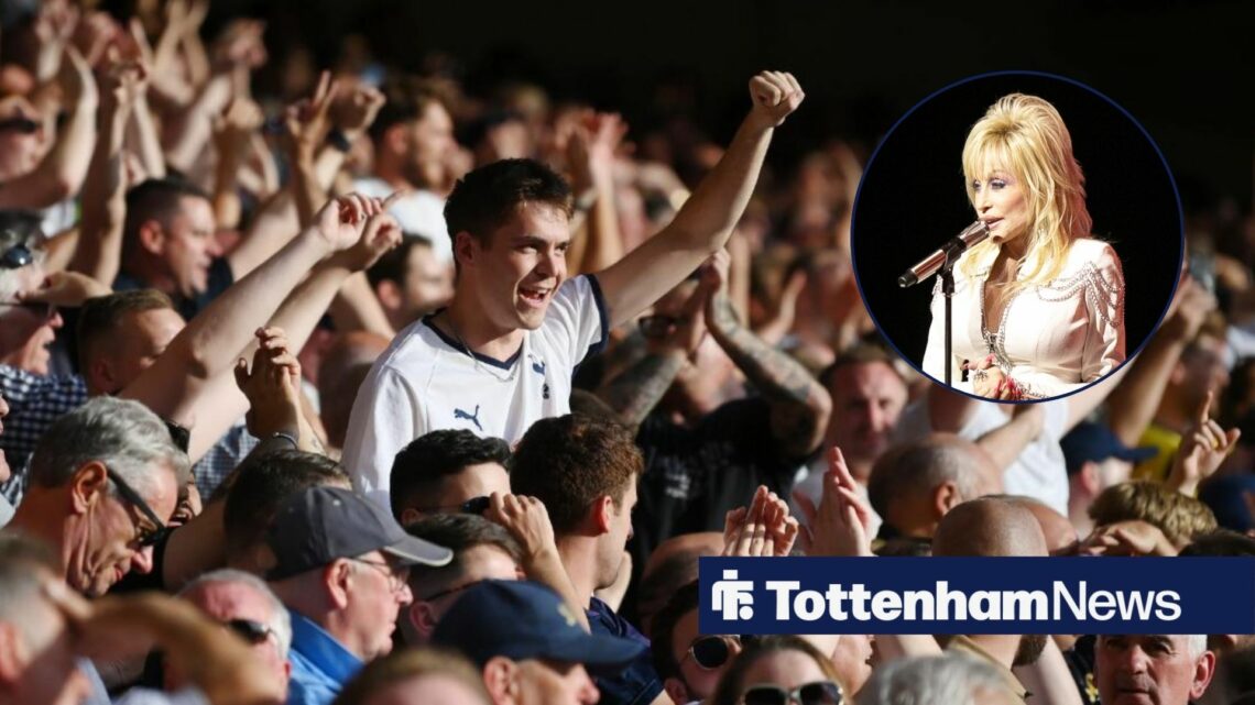 Tottenham fans celebrates in the stands as Dolly Parton sings in a circular inset.
