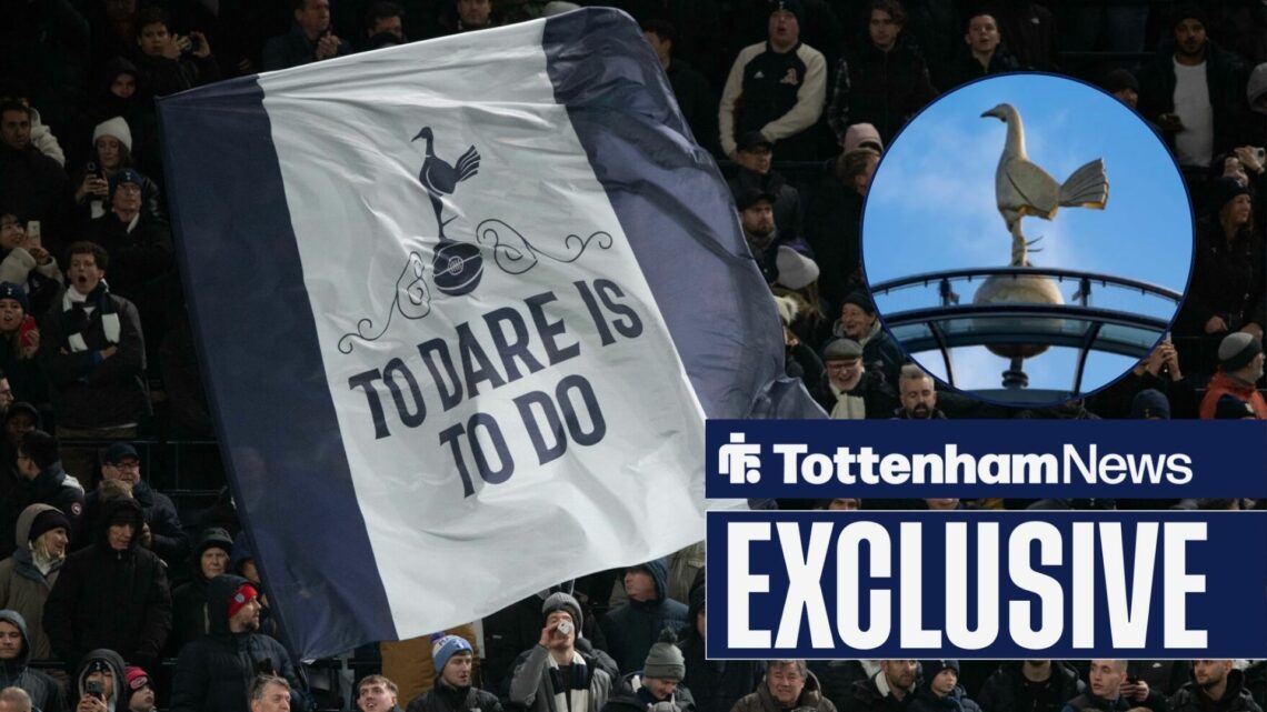 Tottenham News exclusive as fans wave a giant flag bearing the club's motto, while the cockerel on the roof of the Tottenham Hotspur Stadium featur...