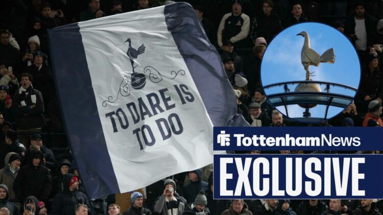Tottenham News exclusive as fans wave a giant flag bearing the club's motto, while the cockerel on the roof of the Tottenham Hotspur Stadium featur...