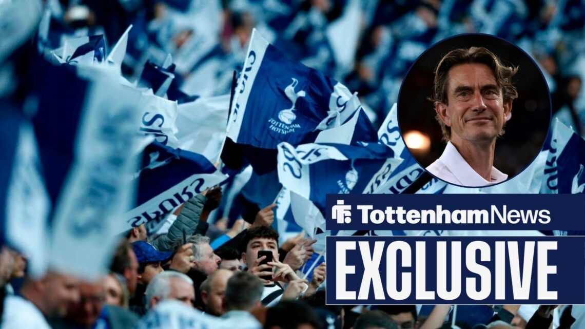 Tottenham News exclusive as Spurs fans wave flags while manager Thomas Frank smiles in a circular inset.