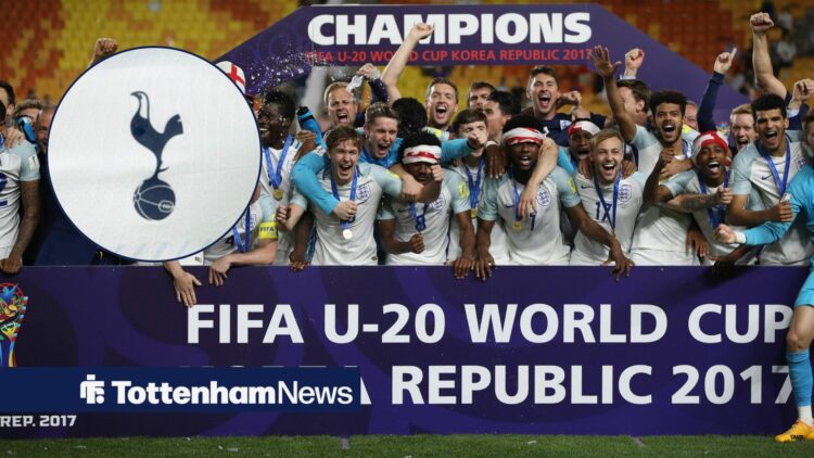 England Under-20 celebrate winning the World Cup with Tottenham badge inset