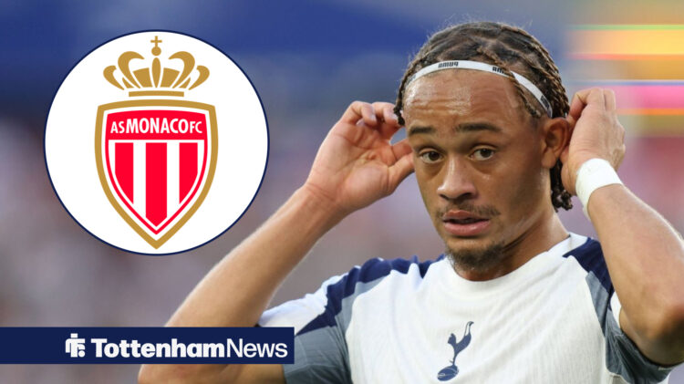 Tottenham star Xavi Simons looking concerned, Monaco badge in inset.