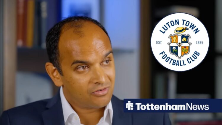 Vinai Venkatesham focused while being interviewed and Luton Town badge in circular inset