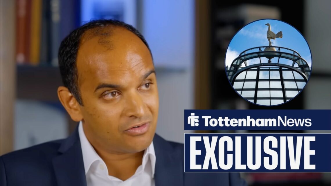 Vinai Venkatesham focused while being interviewed and Tottenham Hotspur Stadium in circular inset