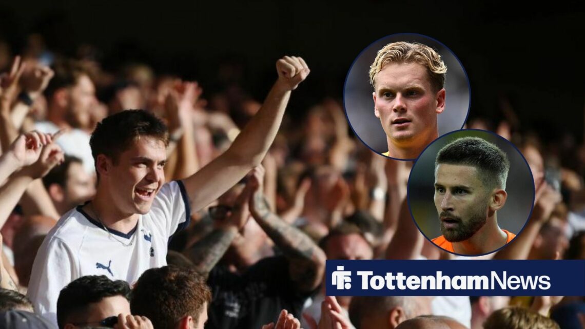 Tottenham fans celebrating, Guglielmo Vicario and Antonin Kinsky in circular insets