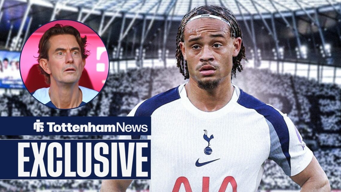 Tottenham News exclusive as Xavi Simons stands with his hands on his hips, as Spurs manager Thomas Frank watches on from a circular inset.