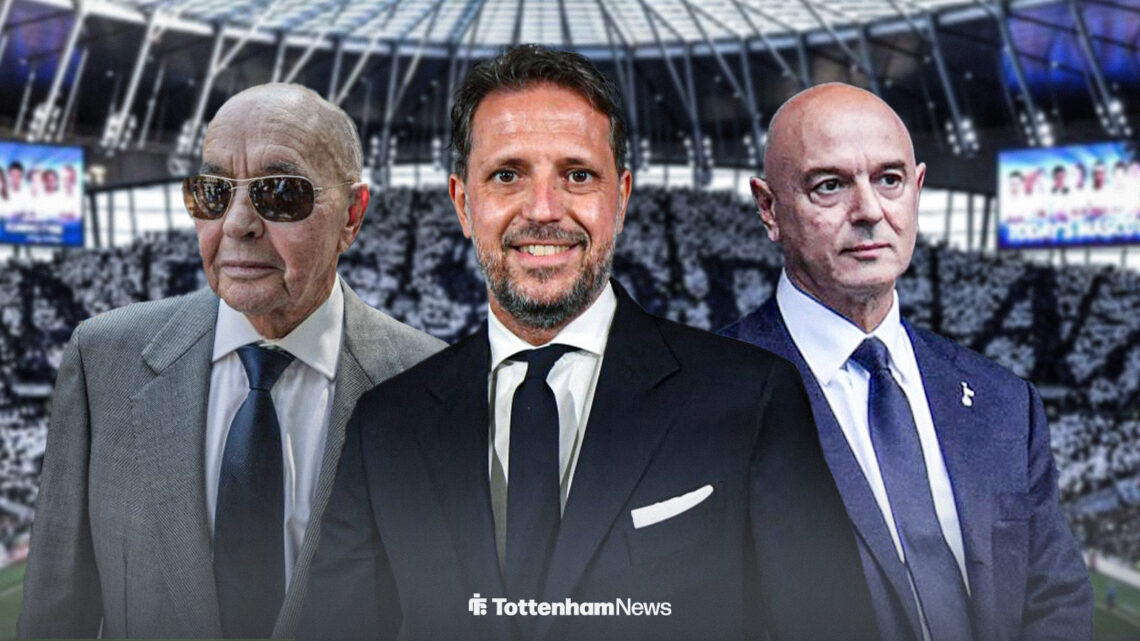 Tottenham sporting director Fabio Paratici stands in the middle of the image smiling, as owner Joe Lewis and former Spurs executive chairman Daniel...