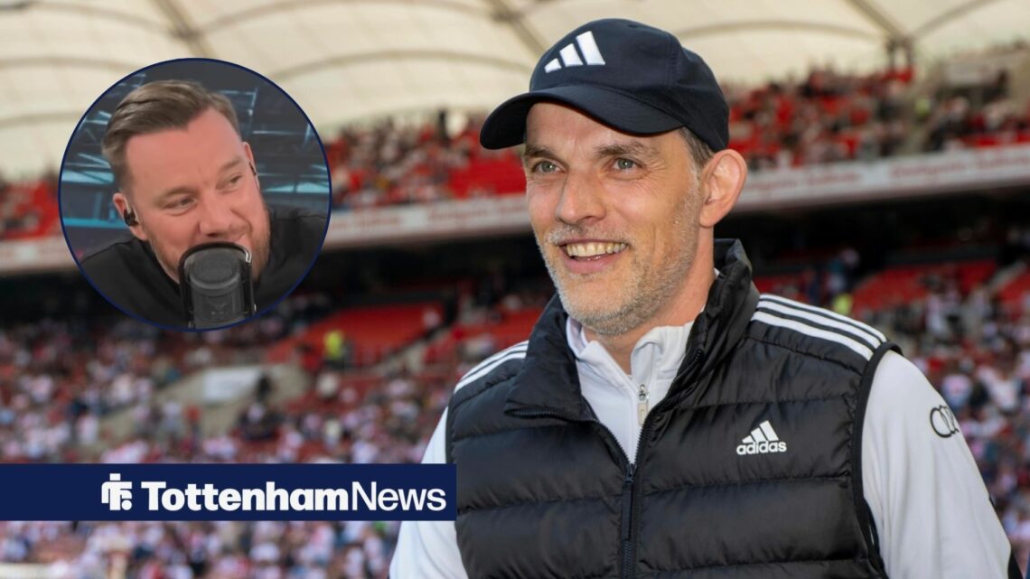 Thomas Tuchel looks towards a circular frame of Jamie O'Hara smiling