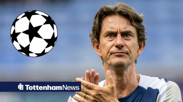 Tottenham manager Thomas Frank claps, Champions League logo inset