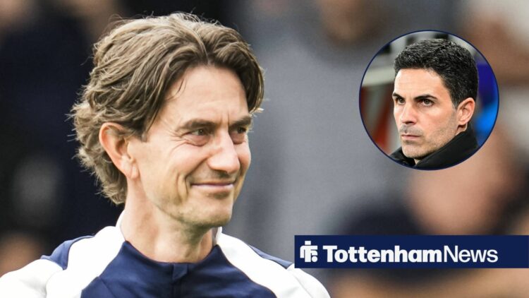 Tottenham manager Thomas Frank smiles with Arsenal manager Mikel Arteta inset