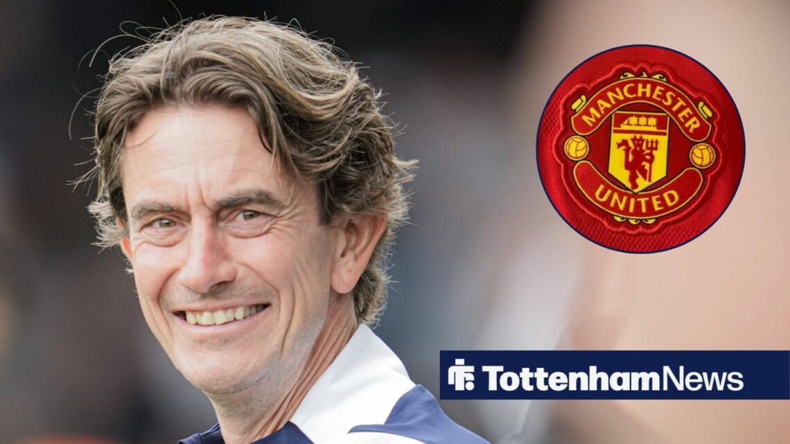 Tottenham manager Thomas Frank grins with Manchester United badge inset