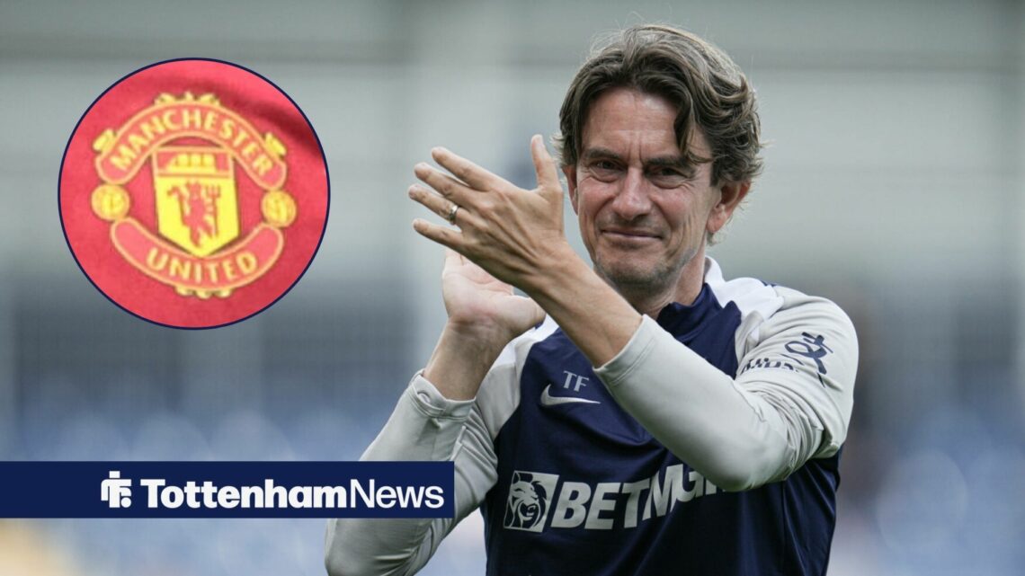 Thomas Frank clapping with Manchester United badge in circle