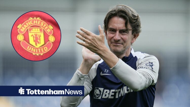 Thomas Frank clapping with Manchester United badge in circle