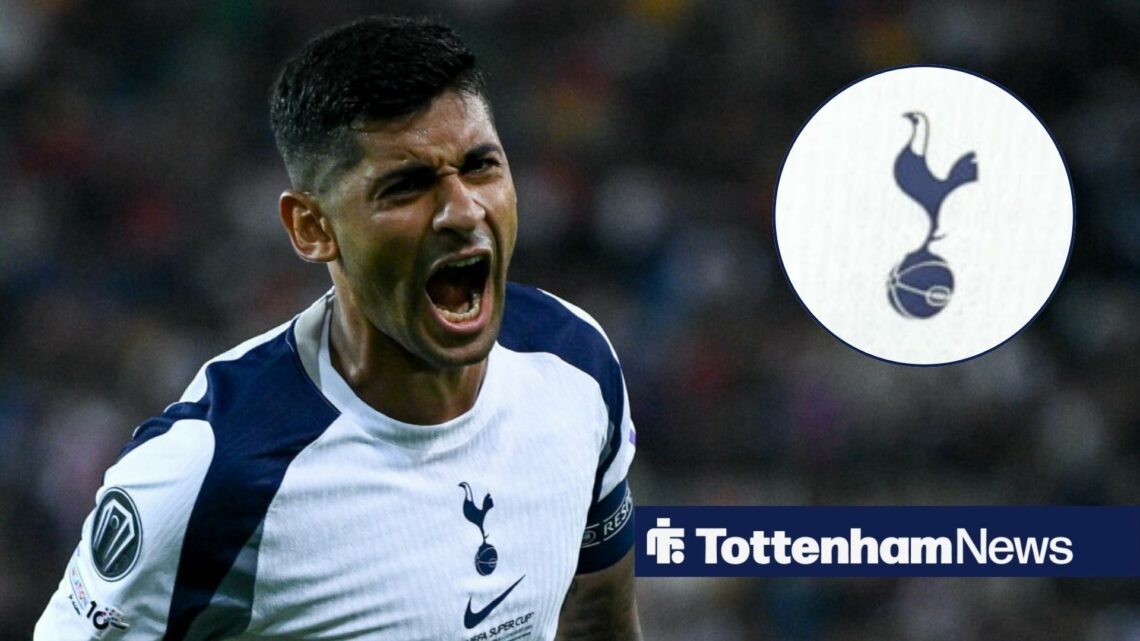 Cristian Romero shouting with Tottenham badge in frame