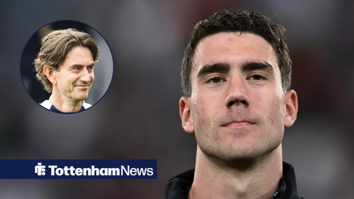 Dusan Vlahovic alongside a circle inset of Thomas Frank.