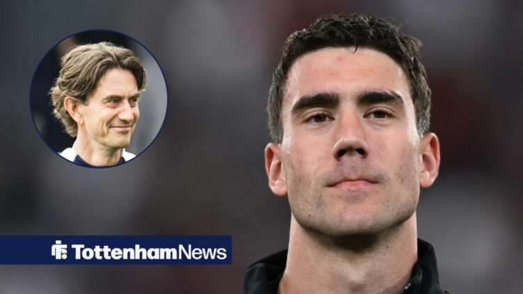 Dusan Vlahovic alongside a circle inset of Thomas Frank.