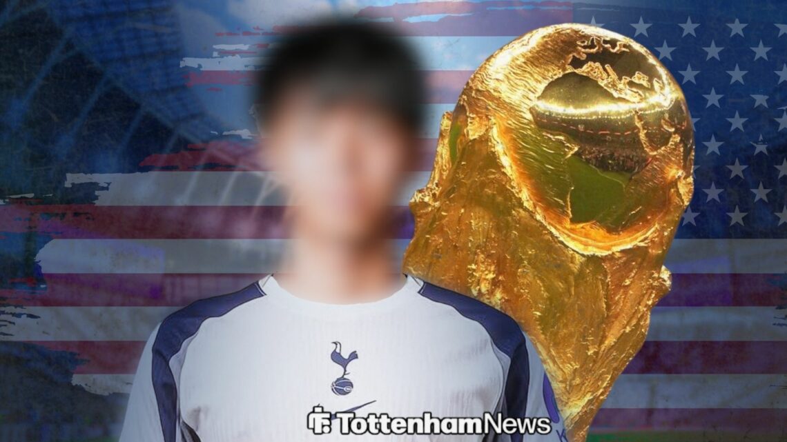 Kota Takai with his face blurred in a Tottenham shirt alongside an image of the World Cup above a USA flag
