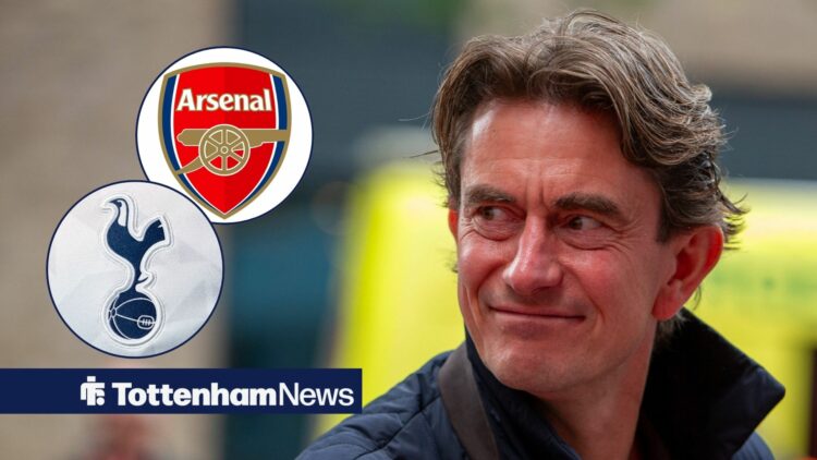 Thomas Frank looking at Tottenham and Arsenal badge.