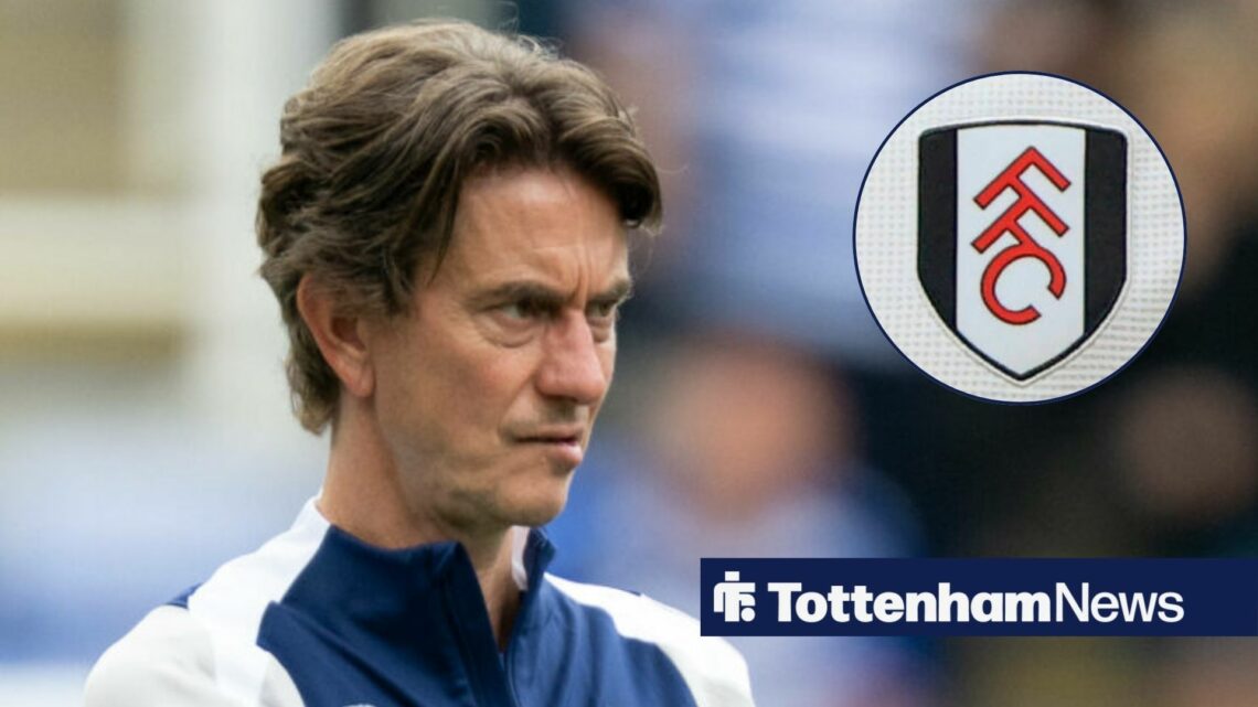 Thomas Frank looking towards the Fulham badge in a circle inset