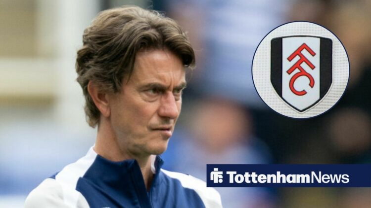 Thomas Frank looking towards the Fulham badge in a circle inset