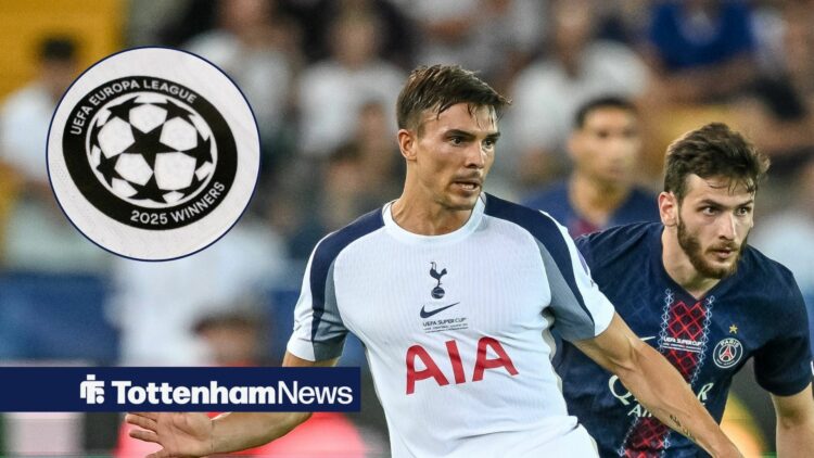 Tottenham midfielder Joao Palhinha and PSG winger Khvicha Kvaratskhelia challenge for the ball with Champions League logo inset