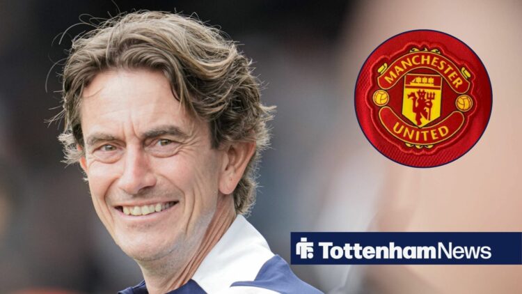 Tottenham manager Thomas Frank grins with Manchester United badge inset