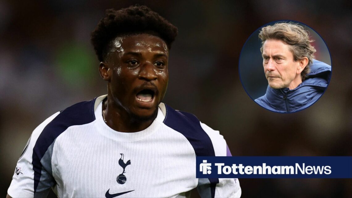 Mohammed Kudus shouting playing for Tottenham looking towards Thomas Frank in a circle inset