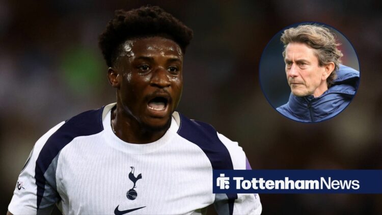 Mohammed Kudus shouting playing for Tottenham looking towards Thomas Frank in a circle inset