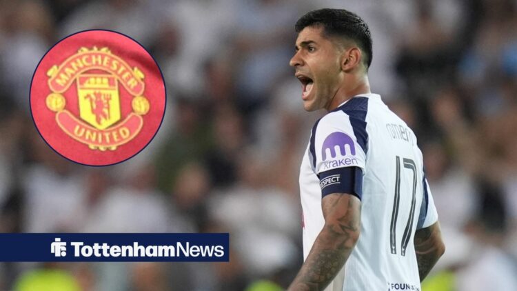 Cristian Romero shouting at Manchester United badge in circle