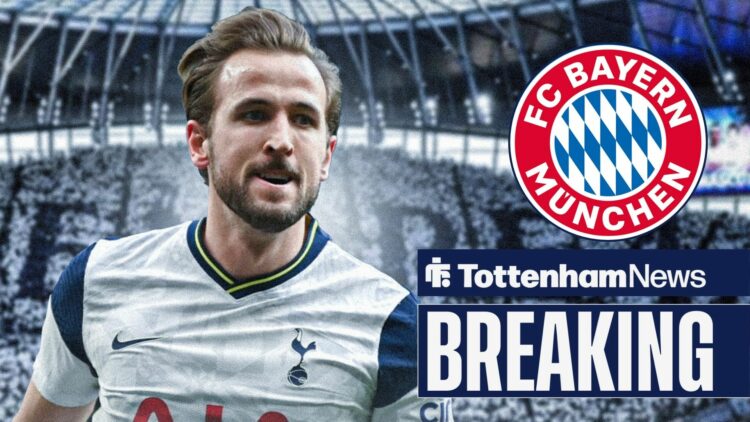 Harry Kane in a Tottenham shirt celebrating in the direction of the Bayern Munich badge.