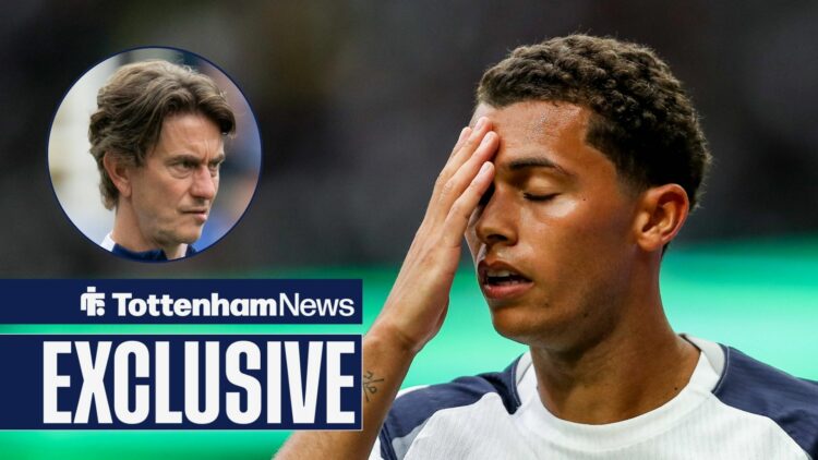 Tottenham winger Brennan Johnson puts his hand to his face with Thomas Frank inset
