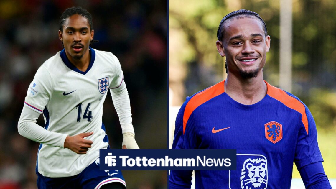 Djed Spence jogging on left with Xavi Simons smiling on right