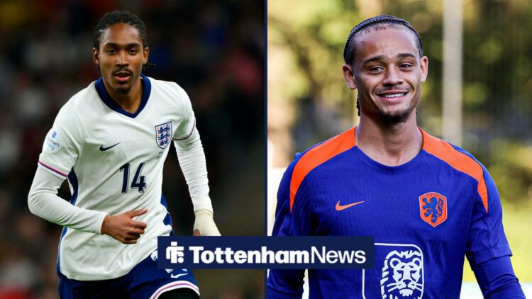 Djed Spence jogging on left with Xavi Simons smiling on right