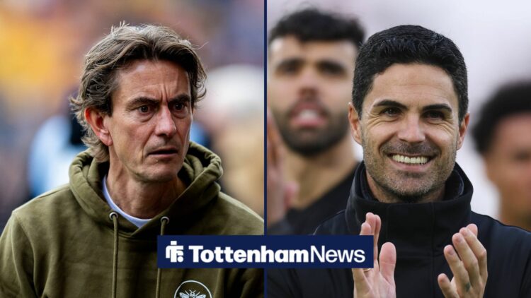 Tottenham manager Thomas Frank with Arsenal manager Mikel Arteta claps and smiles