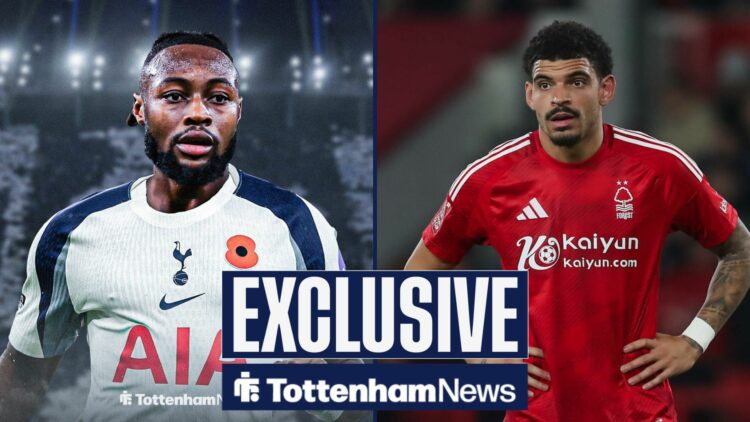 Antoine Semenyo in Tottenham home kit in 50/50 split image with Morgan Gibbs-White