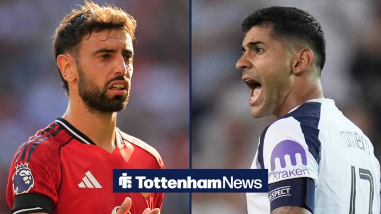 Bruno Fernandes looking annoyed towards Cristian Romero shouting