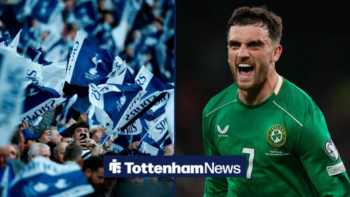 Troy Parrott and Tottenham fans facing each other. Parrott is delighted.