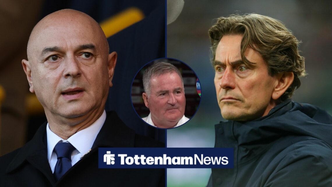 Daniel Levy looks towards Thomas Frank in a split image, with Richard Keys in a circular frame inset