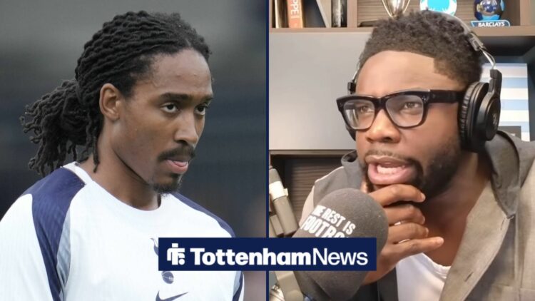 Micah Richards and Djed Spence looking at each other with a serious expression.