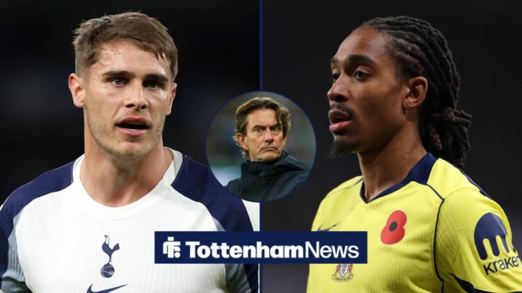 Micky van de Ven and Djed Spence looking towards each other in a 50:50 image. In the middle is a smaller circle with Thomas Frank in it looking ann...