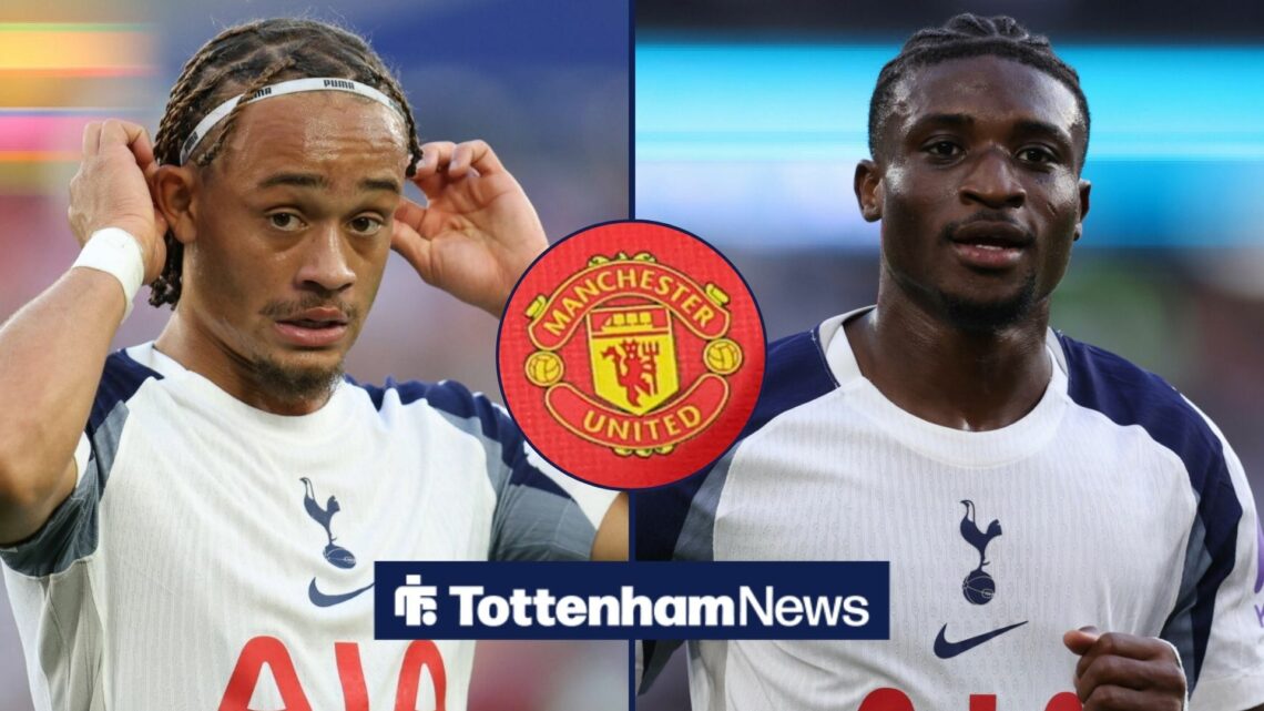 Xavi Simons looking worried towards Mohammed Kudus playing for Tottenham in between a circle inset of the Manchester United badge