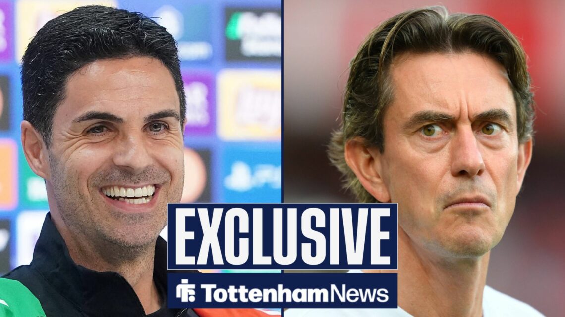 Mikel Arteta smiling at Thomas Frank in split image