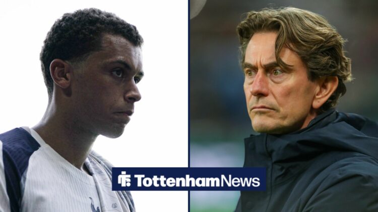 Tottenham star Brennan Johnson looks concerned in the left half of a split image, as manager Thomas Frank stares at him frustratedly from the right...