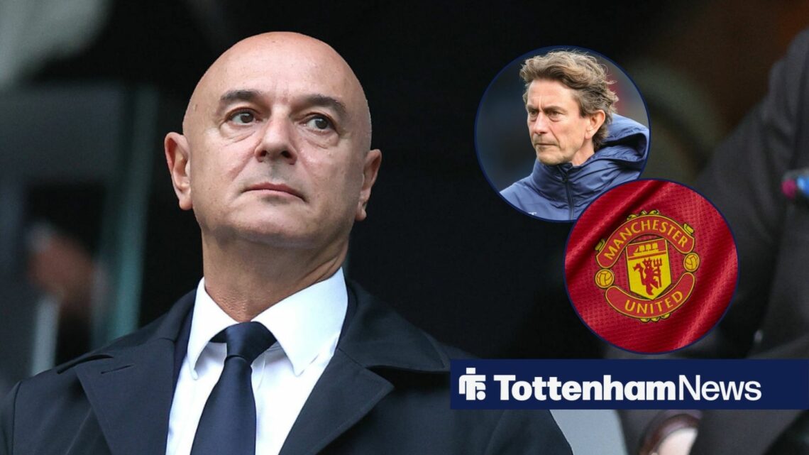 Former Tottenham chief Daniel Levy, Thomas frank upset and Manchester United badge in inset.