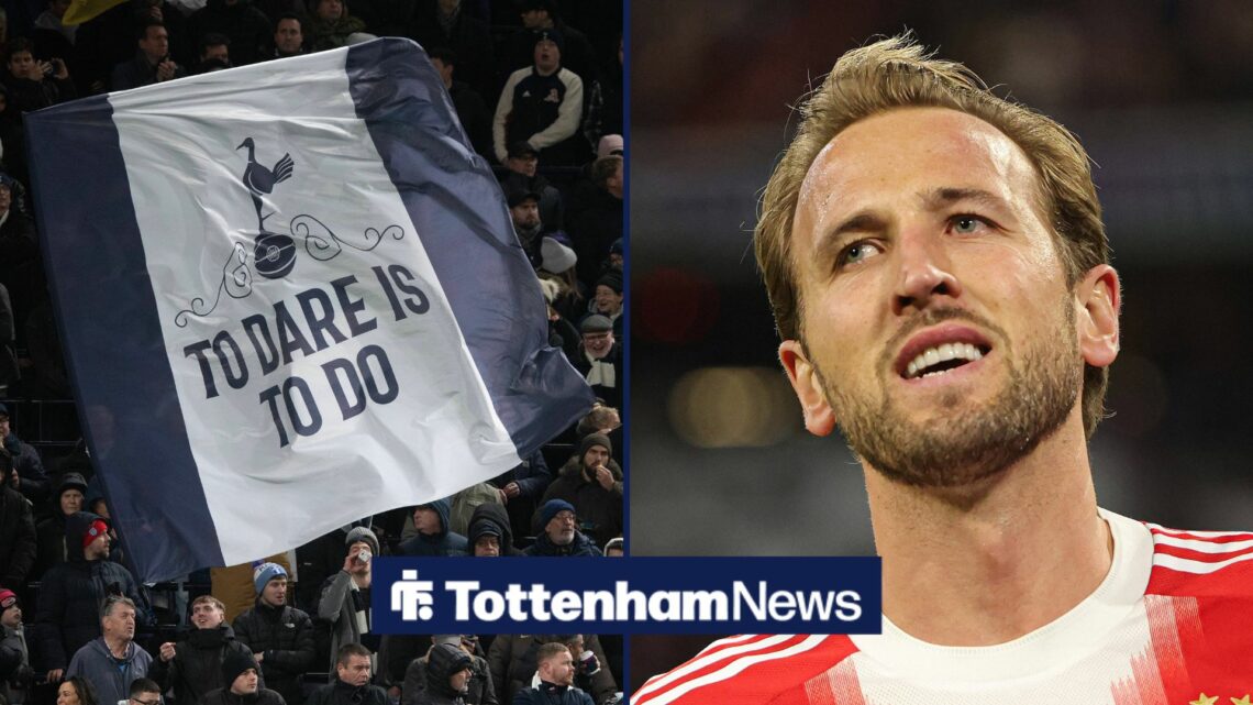 Harry Kane smiling at Tottenham fans in split image