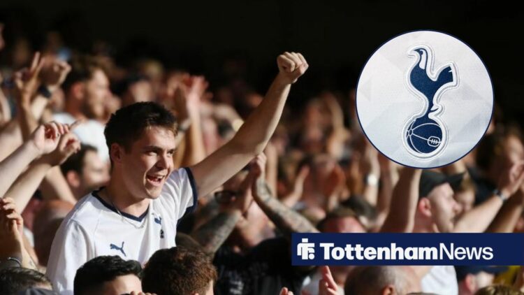 Tottenham fans celebrating with Spurs badge in circular inset