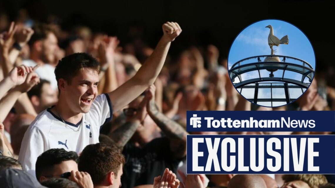 Tottenham fans celebrating and Tottenham Hotspur Stadium in circular inset