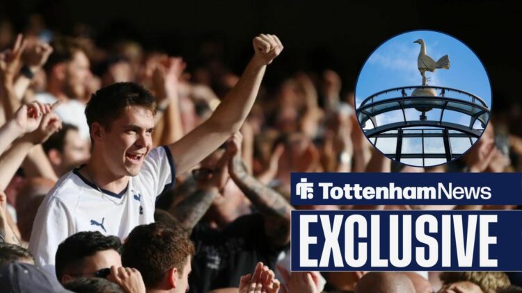 Tottenham fans celebrating and Tottenham Hotspur Stadium in circular inset